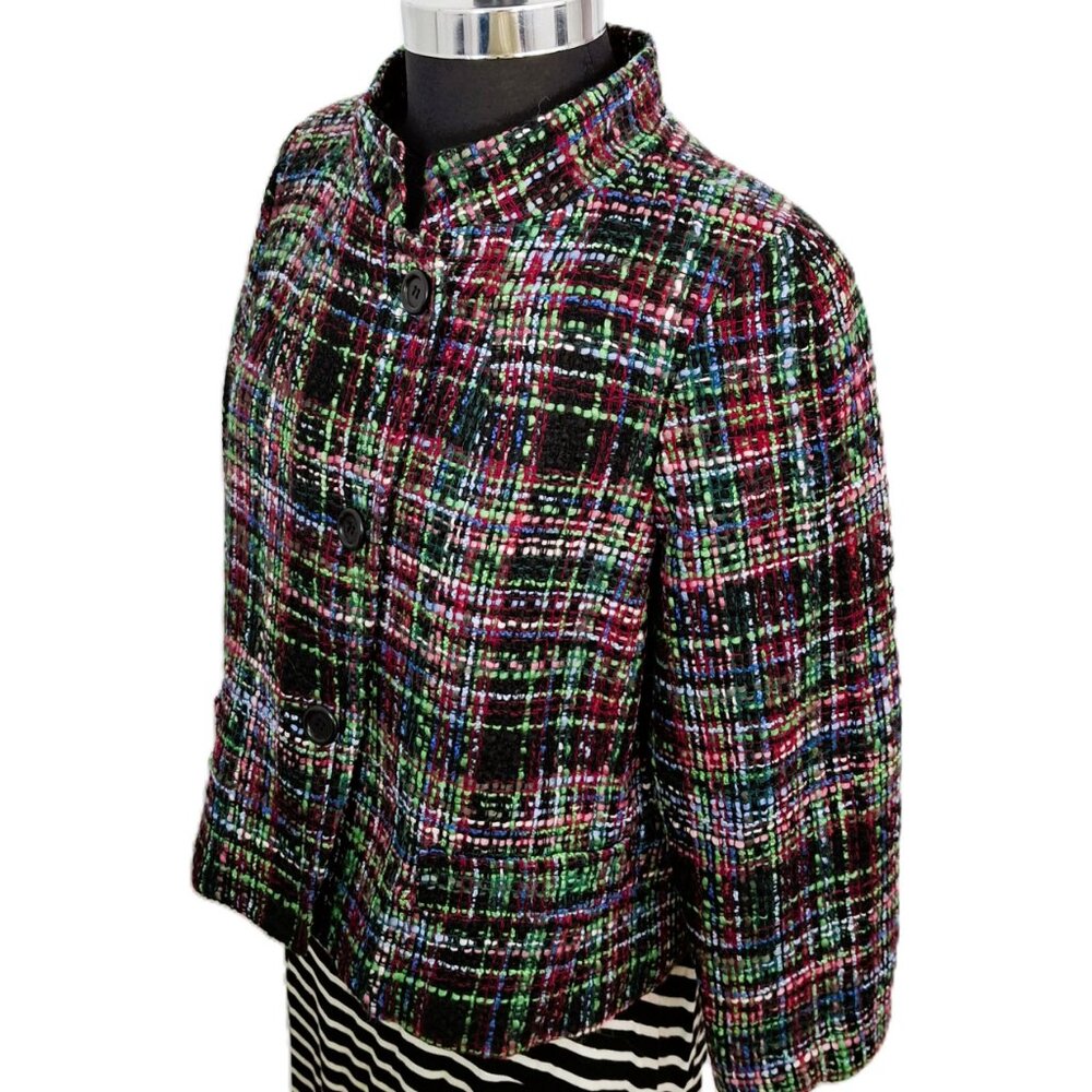Talbots Sz 14 Petite Nehru Cropped Wool Blend Blazer Multi-Color Textured Tweed - Picture 11 of 14